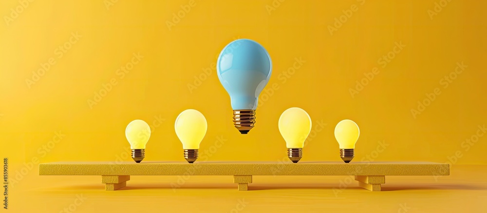 Poster outstanding blue light bulb floating between yellow lightbulbs on yellow seesaw, minimal idea concep