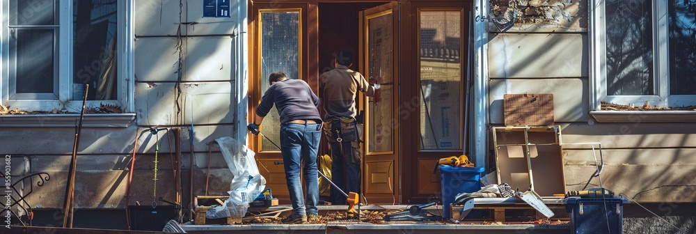 Poster two workers carefully install a new door, replacing an old one, with tools and materials scattered a