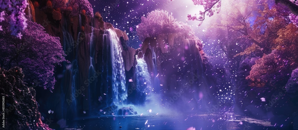 Poster beautiful mystical landscape with a crystal waterfall and a beautiful purple forest in the cosmic sp