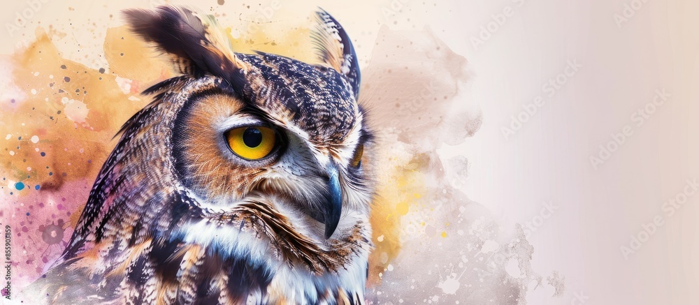 Poster eagle owl close up portrait pastel background isolated. copy space image. place for adding text and 