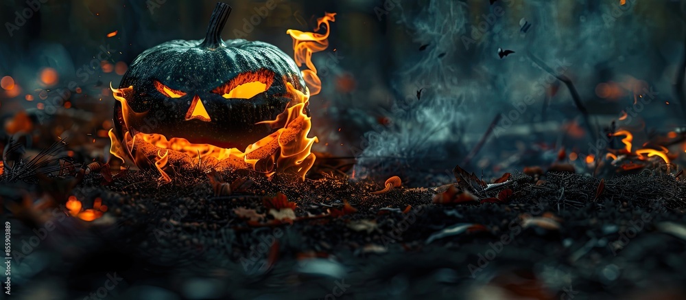 Poster pumpkin burning in a graveyard with ghost nightmare. copy space image. place for adding text or desi