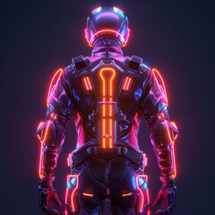 Fototapeta premium Bionic exoskeleton for enhanced mobility, detailed 3D rendering, modern and sleek design, vibrant neon lighting