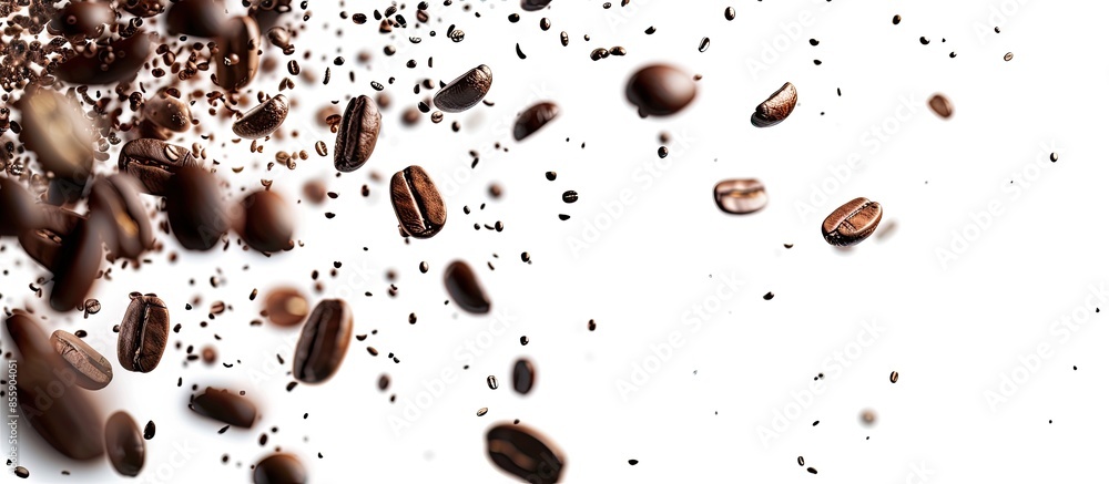 Poster coffee beans fly and levitate in space. isolated on white. copy space image. place for adding text a