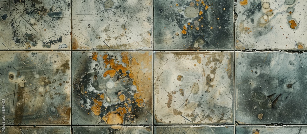Poster black mold and stains on the tile floor. copy space image. place for adding text and design