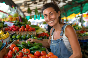 Greengrocer smiling and choosing a cucumber from a crate full of fresh produce while working in her store at the farmers market