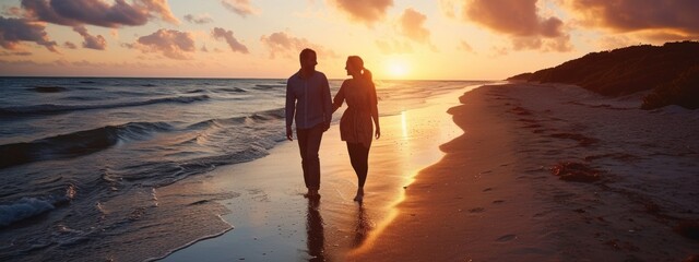 Full body back view young lovely couple two friends family man woman in casual clothes hold hands walking stroll together at sunrise over sea beach ocean outdoor exotic seaside in summer day evening