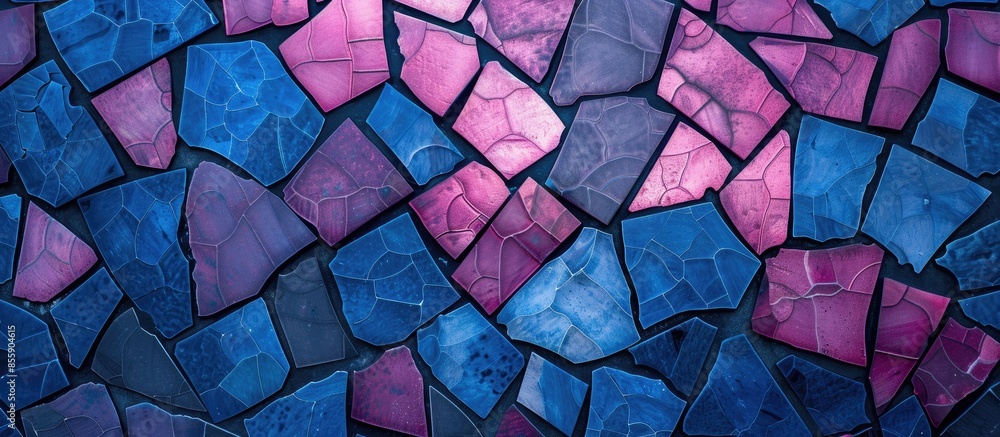 Poster blue and magenta background colored mosaic. texture tiles for bathroom. copy space image. place for 