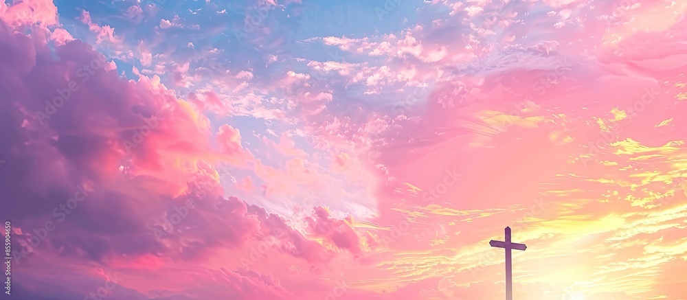 Poster christian cross on sunset sky. religion background. copy space image. place for adding text or desig