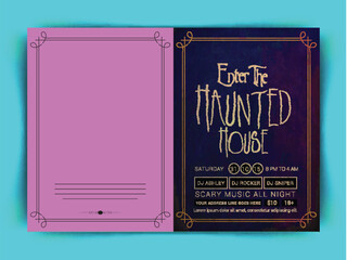 Enter The Haunted House Theme, Halloween Party Invitation Card with Event Details in Blue and Fuchsia Pink Color.