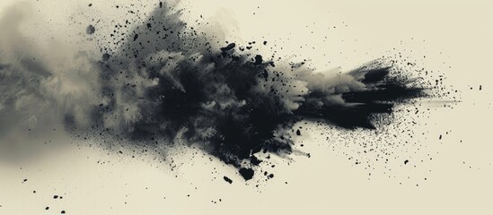 Obraz premium Black particles explosion Isolated on pastel background. Abstract dust overlay texture. Copy space image. Place for adding text and design