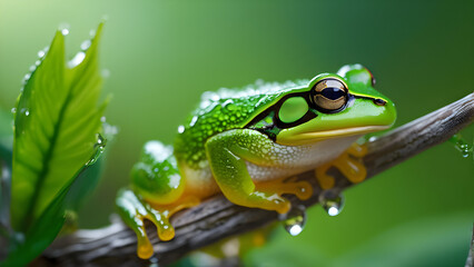 Obraz premium Green Frog Resting on Dewy Branch with Leaves