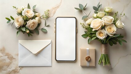 Blank screen phone on wedding background mockup. White blank screen phone wedding invitation mockup. Wedding Stationery Mockup.