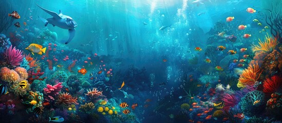 underwater paradise background coral reef wildlife nature collage with shark manta ray sea turtle colorful fish background. Copy space image. Place for adding text and design