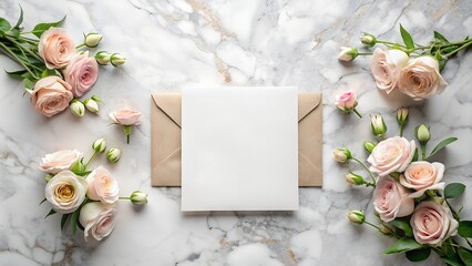 Wedding invitation card mockup on a marble background with copy space image place for adding text or design. Feminine wedding stationary mockup.