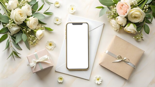 Blank screen phone on wedding background mockup. White blank screen phone wedding invitation mockup. Wedding Stationery Mockup.