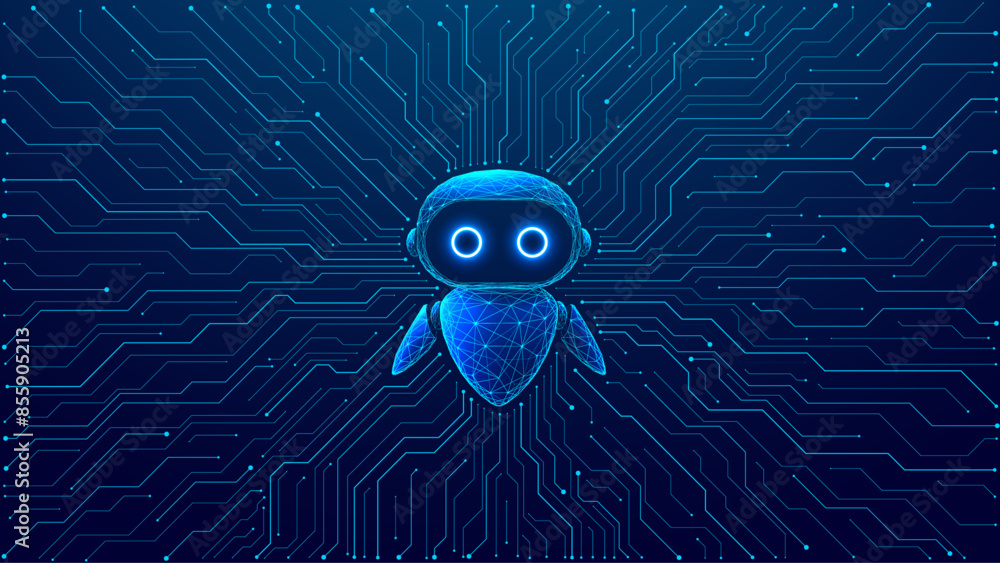 Aufkleber Abstract digital AI robot on circuit board light blue background. Chat bot and circuit tech bg. Digital character in low poly wireframe vector illustration. 3D polygonal futuristic bot.