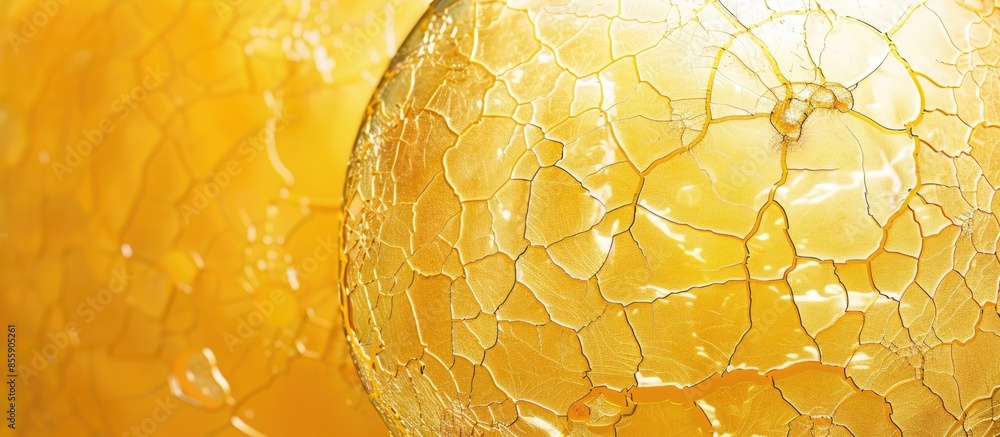 Poster close-up yellow glass ball texture with crackles . glass reflecting light. copy space image. place f