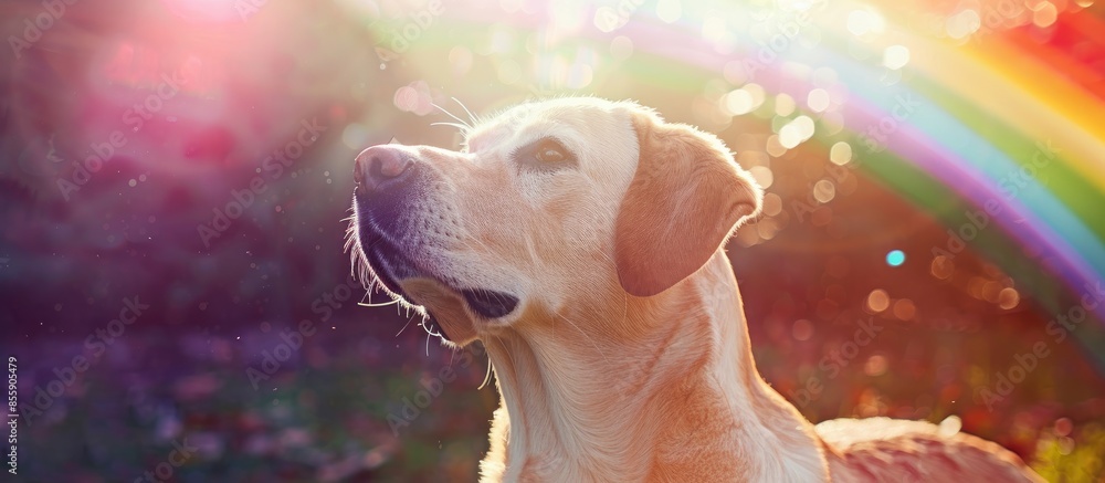 Poster dog and rainbow rainbow bridge concept close-up portrait of labrador retriever dog on rainbow backgr
