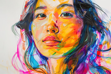 Asian young woman creative artistic portrait. Beautiful colorful portrait on white background