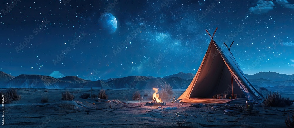 Poster white, triangular-shaped camping tent under the starry sky and the moon. tent and campfire. fire to 
