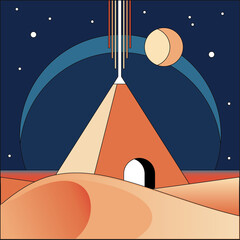 Comic Book style cartoon illustration of a abstract pyramid in outer space