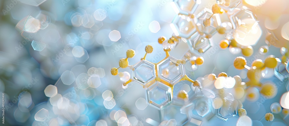 Poster molecular model of vitamin b12. hexagons with vitamin b12 name, blurry background. copy space image.