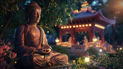 Fototapeta premium Lord Buddha statue in the garden. Selective focus. Copy space.