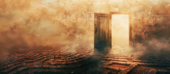 Obraz premium way of passage of the labyrinth as an arrow with an open door pastel background. Copy space image. Place for adding text and design