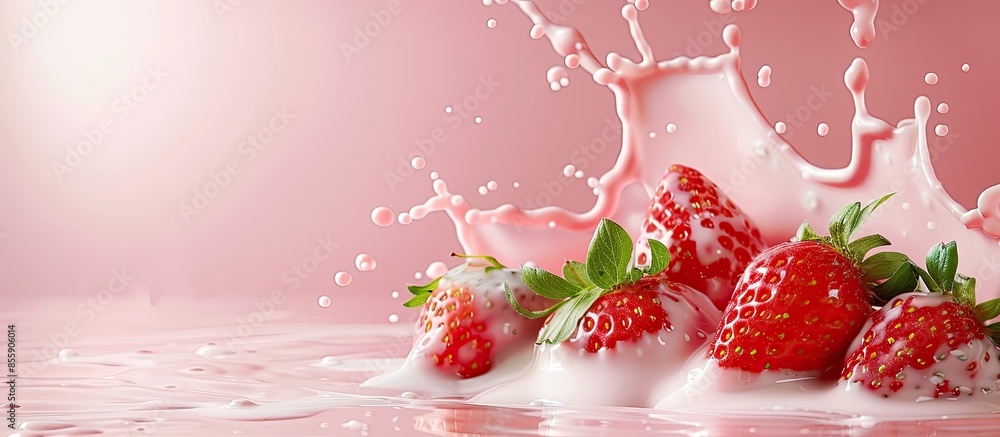 Poster delicious strawberry splashing into milk. pastel background. copy space image. place for adding text