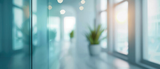 Empty glass wall in a corporate office, ideal for logo mockup. Offers a blank, minimalist background for design and branding purposes. Perfect for modern business environments.