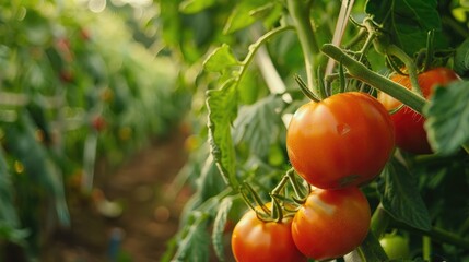 Organic tomatoes on stem at local farm with copy space