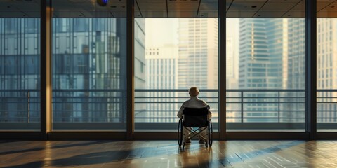 Fototapeta premium Lonely Elderly Man in Wheelchair Gazing Out the Window at Skyscrapers, Inside a Modern Minimalist Decor Room. Concept of Caring for Empty Nest Seniors. High-Resolution Background Generated by AI