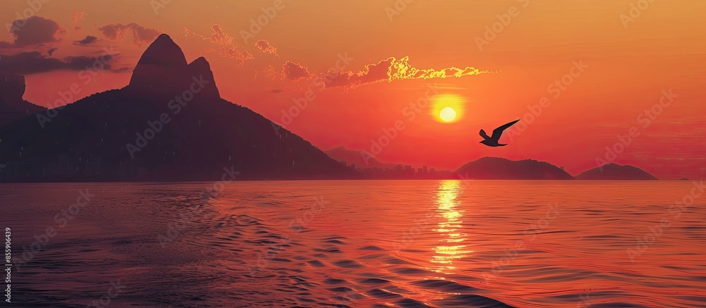 Poster rio de janeiro sunset and a bird. copy space image. place for adding text or design