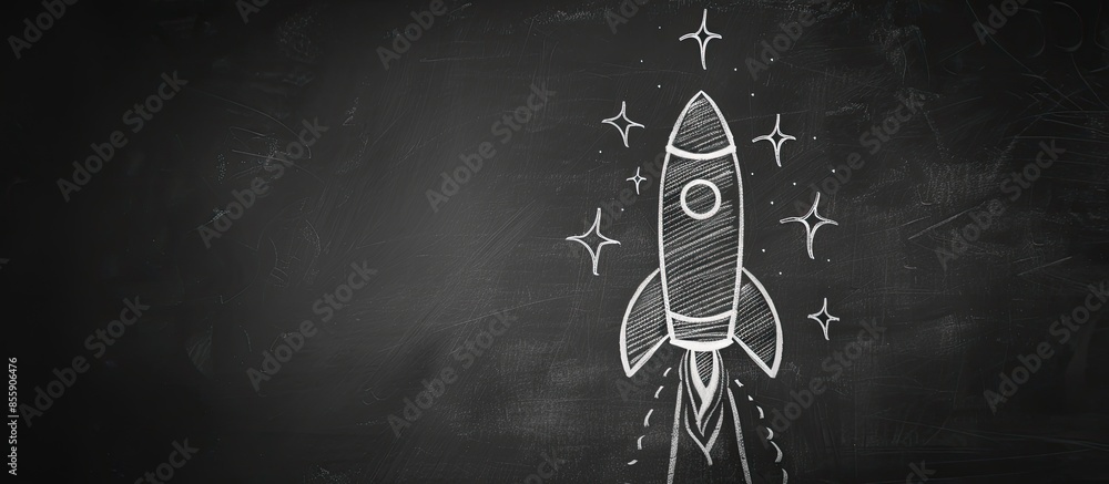 Poster creative rocket lamp sketch on chalkboard wall background. startup and innovation concept. copy spac