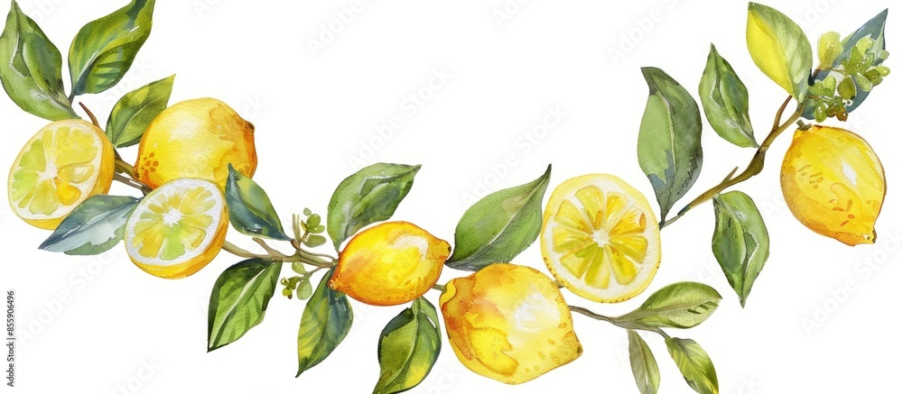 Poster watercolor lemon wreath isolated on white background. copy space image. place for adding text and de