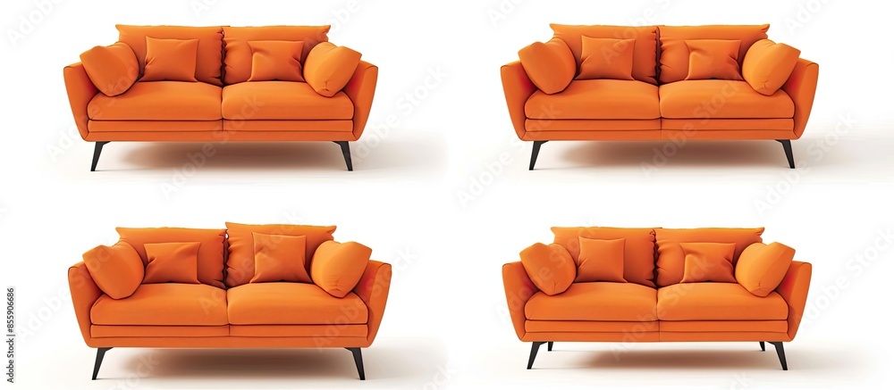Poster realistic orange small sofa. fabric sofa in a classic style. sofa from different angles. sofa projec