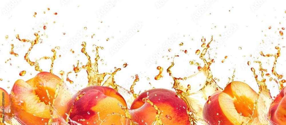 Poster ripe peaches in splashes of juice isolated on a white background. copy space image. place for adding