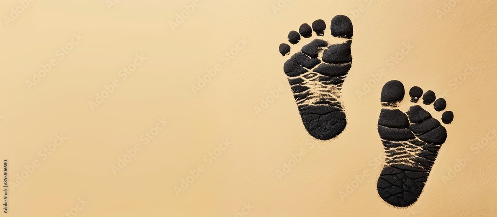 Wall mural black prints of feet on transparent paper. black footprint. isolated on pastel background. copy spac