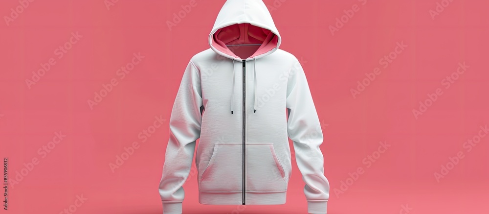 Poster blank hooded sweatshirt mockup with zipper in front view, isolated on pastel background, rendering, 