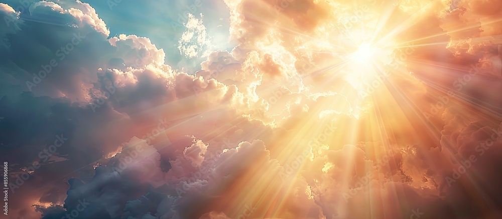 Poster beautiful religious image - bright light from heaven, light of hope and happyness from skies. copy s