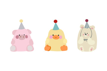 Happy birthday collection with cartoon character animals. Hand drawn vector Birthday card with cute cartoon toys. Vector festive teddy bear, cat, pig, duck and bunny. Animals birthday card