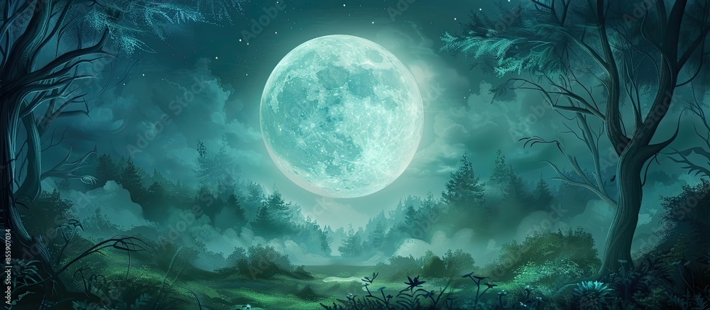 Poster bright full moon over dark fairy tale forest. copy space image. place for adding text or design