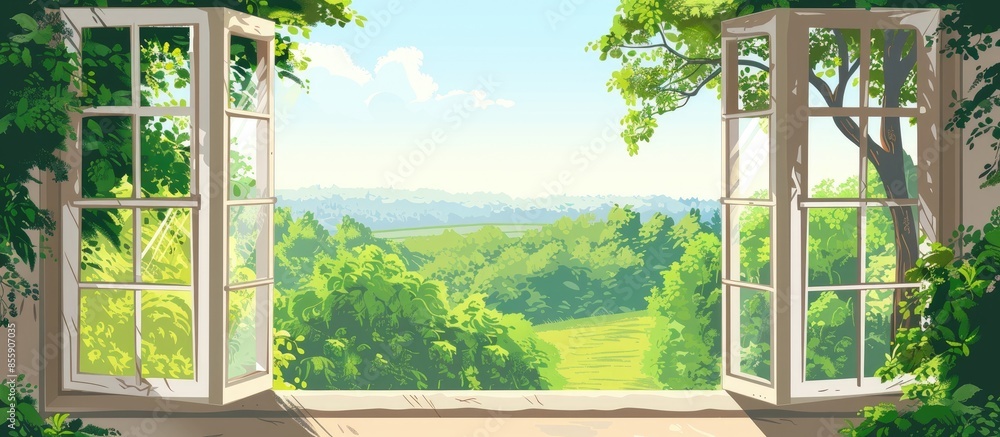 Aufkleber summer rural landscape with trees and roofs from the window. copy space image. place for adding text