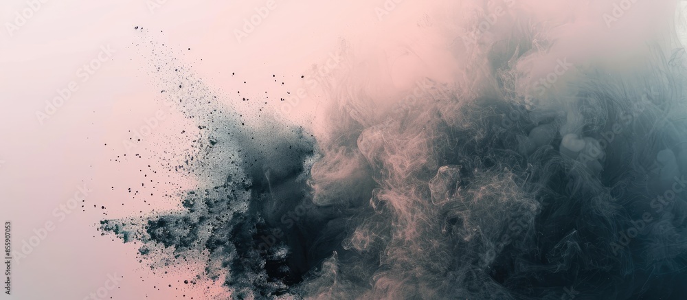 Poster black particles explosion isolated on pastel background. abstract dust overlay texture. copy space i