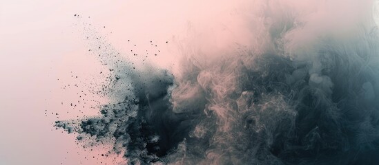 Black particles explosion Isolated on pastel background. Abstract dust overlay texture. Copy space image. Place for adding text and design