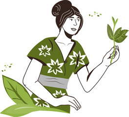 Green tea and matcha drink banner or label. Design for green tea and matcha packs with woman holding green leaves.