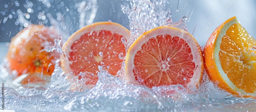 Poster orange and grapefruit in a spray of water on a pastel background. copy space image. place for adding