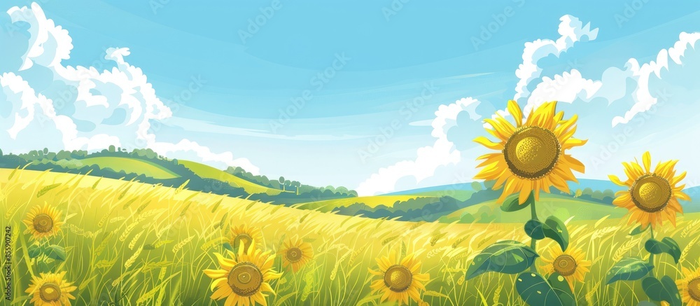 Poster a field of ripe cereals and sunflowers on the hills. fields of wheat and sunflowers, blue sky with c