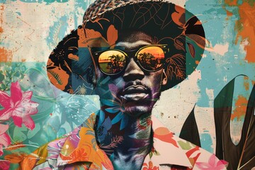 Portrait of a young stylish African American man in sunglasses and a hat, illustration in the style of a paper collage, poster for summer holidays. Fashionable abstract design in the art style.