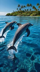 Obraz premium Tropical blue ocean, graceful dolphins swim, clear blue water